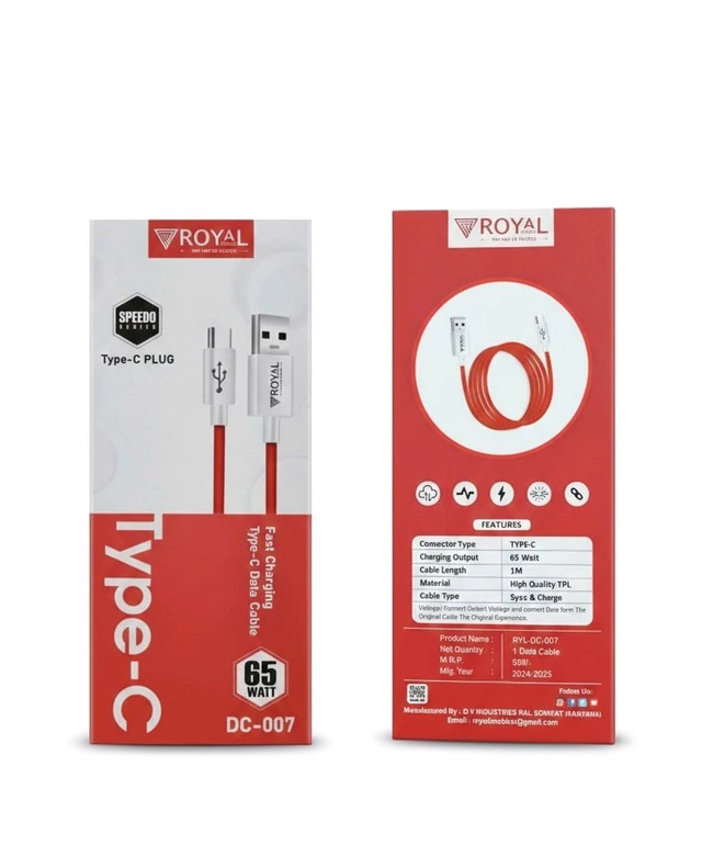 Royal TypeC Data Cabel Fast Vooc Support 65W In Warranty 6 Months 