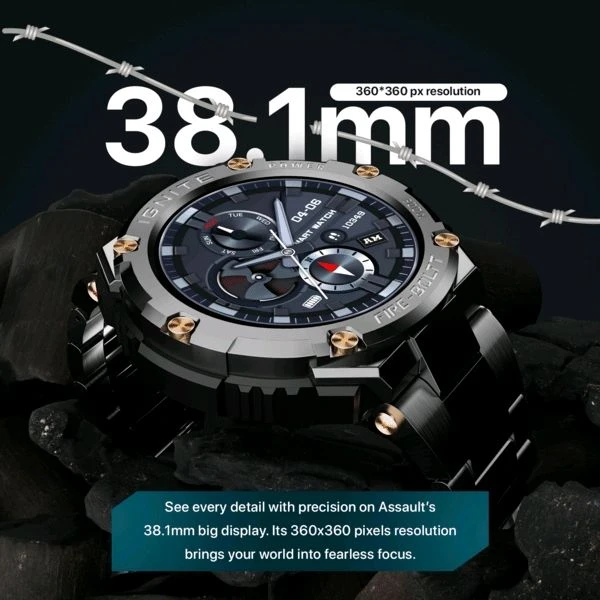 Fire-Boltt Assault Rugged Smartwatch - 1.5" HD Display, Bluetooth Calling, 600mAh Battery, Compass, Heart Rate & SpO2 Monitoring, 7-10 Days Battery Life, Heavy Metal Sports Design - BLACK