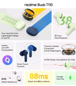 realme Buds T110 (RMA2306) with Al ENC for calls, 38 hours of Playback and Deep Bass Bluetooth Headset (Punk Black, True Wireless)
