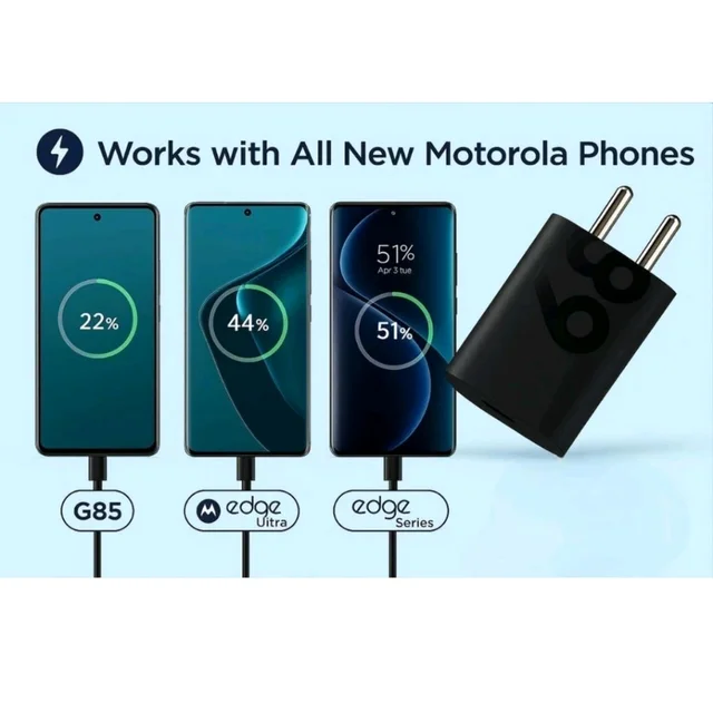 Moto 68 W TurboPower 3.0 5 A Wall Charger for Mobile with Detachable Cable (For Moto g96 5g, Black, Cable Included)