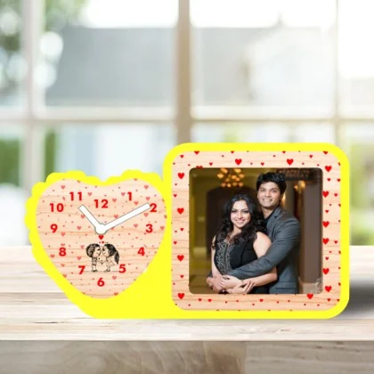 Wooden Table top Photo Frame with Clock - 6x9 in, Yellow