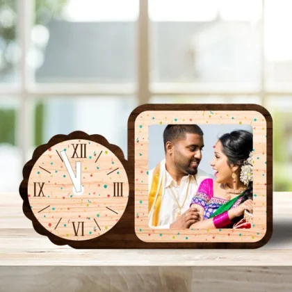 Wooden Table top Photo Frame with Clock - 6x9, Beige