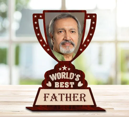 Personalized Father's Day Gift Wooden Trophy With Photo Print - 6x9 Inch, Cup