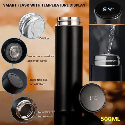 Personalized Laser engraved Temperature Display SS Water Bottle Thermos - 500 ml