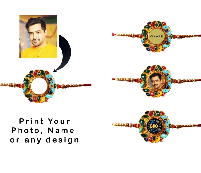Personalized Rakhi Gift Combo, Rakhi with Table top frame, Photo Rakhi - Metal Rakhi
