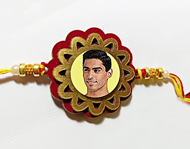 Personalized Photo print Rakhi for Brother, Rakhi gift - Wooden Flower with Fridge Magnet