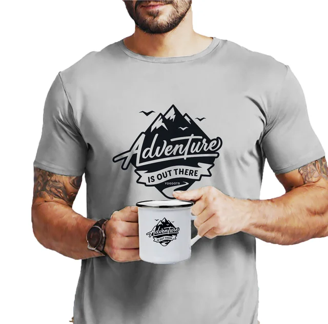 YOGDOTS Adventure Print T-Shirt and Steel Mug Combo for Hiking, Sports, Outing, Picknic or Adventure - M, Gray
