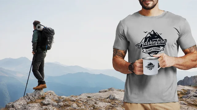 YOGDOTS Adventure Print T-Shirt and Steel Mug Combo for Hiking, Sports, Outing, Picknic or Adventure - M, Gray