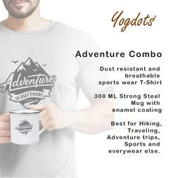 YOGDOTS Adventure Print T-Shirt and Steel Mug Combo for Hiking, Sports, Outing, Picknic or Adventure - M, Gray