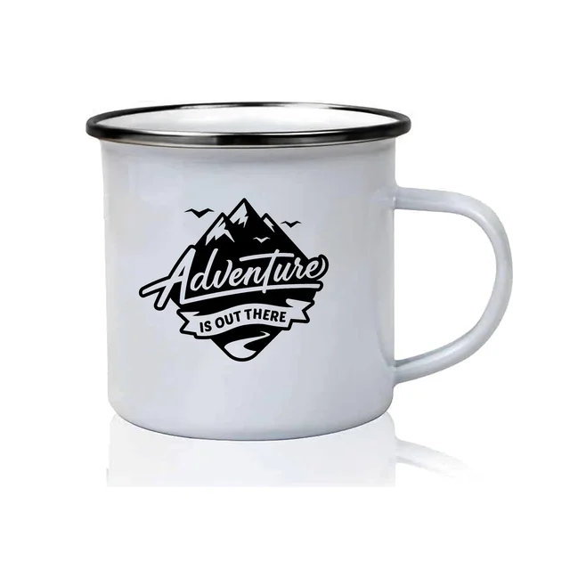 YOGDOTS Adventure Print Steel Enamel Mug Combo for Hiking, Sports, Outing, Picknic or Adventure - 300 ML, Black Print