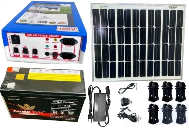 Zatka Machine set Mini 10kv Solar fencing jhatka machine (10kv machine,30 watt panel,7.5ah Battery, 230V AC DC adapter,100 insulator)
