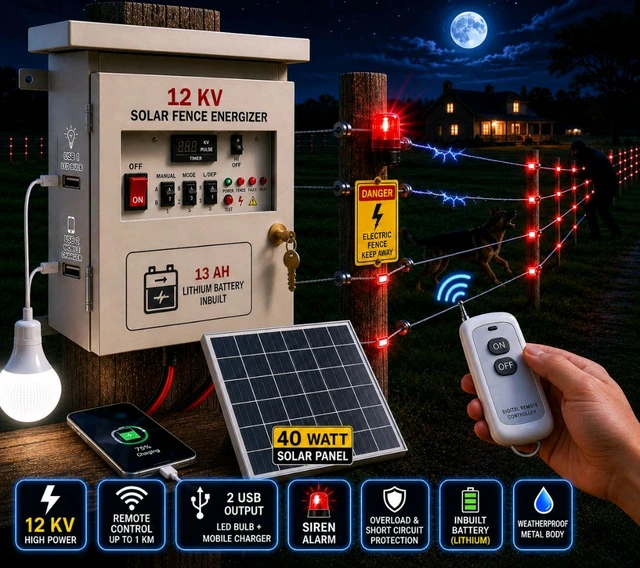 Zhatka Machine  Remote Control Wall Mount Cabinet Fencing Full Set AC DC 12KV 60 Acre (Machine,12V Battery, 40 Watt Solar Panel,100 Insulator)