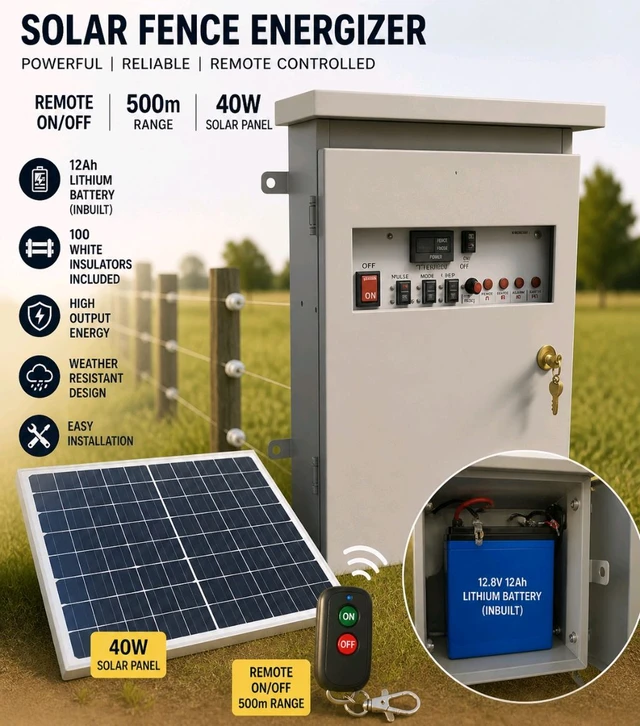 Solar Fence Jhatka Machine Remote Control Wall Mount Cabinet Fencing Full Set AC DC 10KV 30 Acre (Machine,10V Battery, 40 Watt Solar Panel,100 Insulator)