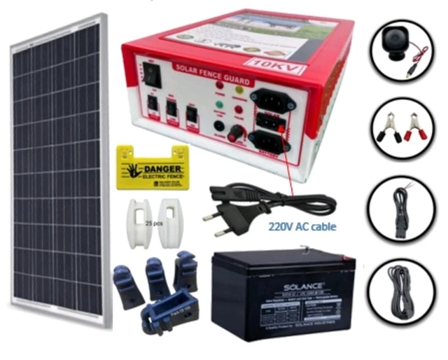 Shrangi  Zatka Machine kisan 10kv 30 Acre Solar fencing AC DC jhatka machine set (10kv machine,40 watt panel,12ah Battery, 230V adapter,100 insulator)