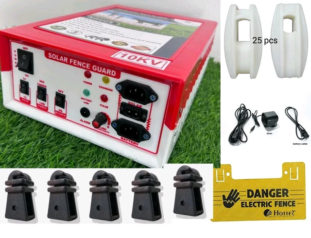Shrangi Zatka Machine kisan 10kv 30 Acre Solar fencing AC DC jhatka machine set (10kv machine,40 watt panel,12ah Battery, 230V adapter,100 insulator)