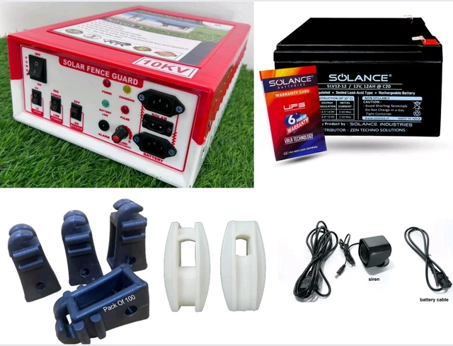 Shrangi Zatka Machine kisan 10kv 30 Acre Solar fencing AC DC jhatka machine set (10kv machine,40 watt panel,12ah Battery, 230V adapter,100 insulator)