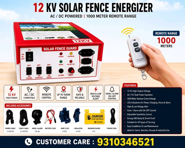 Zhatka Machine   Remote Control 1 Km Range Solar Fence Zatka Machine 50 Bigha 40 Acre 10kv AC DC Solar Fencing jhatka Machine with Siren and Cable