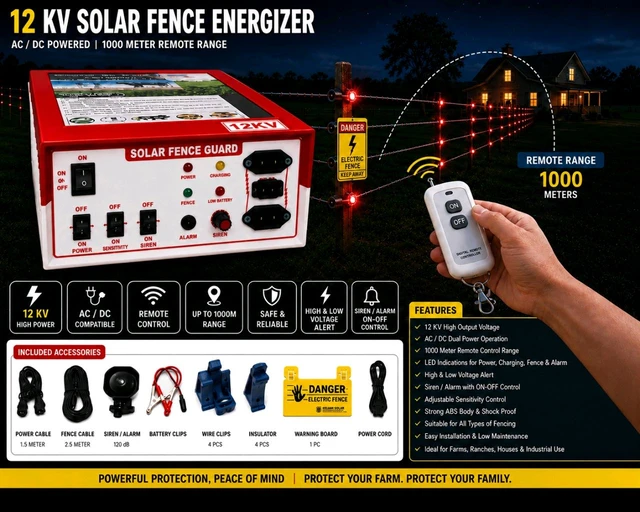 Agrifarm Zhatka Machine Remote Control 1 Km Range Solar Fence Zatka Machine 50 Bigha 40 Acre 10kv AC DC Solar Fencing jhatka Machine with Siren and Cable