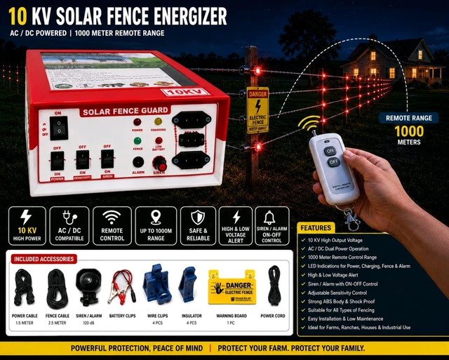Zhatka Machine Remote Control 1 Km Range Solar Fence Zatka Machine 30 Bigha 20 Acre 10kv AC DC Solar Fencing jhatka Machine with Siren and Cable