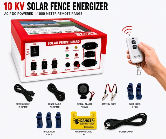 Kisaan Zhatka Machine Remote Control 1 Km Range Solar Fence Zatka Machine 30 Bigha 20 Acre 10kv AC DC Solar Fencing jhatka Machine with Siren and Cable
