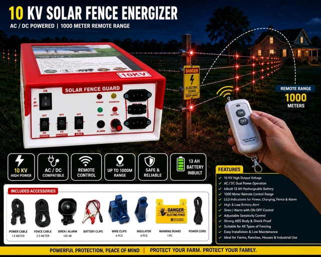 Kisaan Zhatka Machine Remote Control 1 Km Range Solar Fence Zatka Machine 30 Bigha 20 Acre 10kv AC DC Solar Fencing jhatka Machine with Siren and Cable