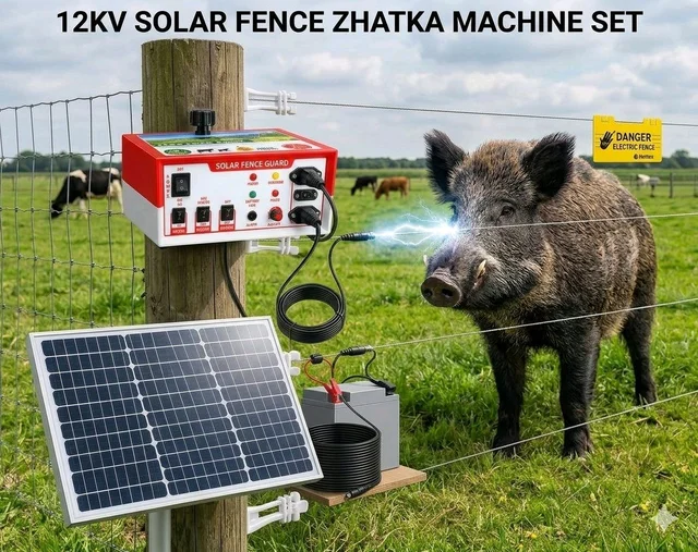 Shrangi Jhatka Machine Full Set AC DC 12KV 100 Acre (Machine,12V 18ah lithium Battery, 50 Watt Solar Panel,100 Insulator)