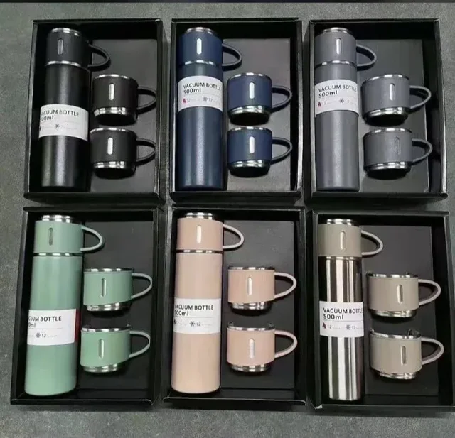 1- Piece Stainless Steel Vacuum Flask Set – 500ml Insulated Water Bottle with 3 Sharing Cups
