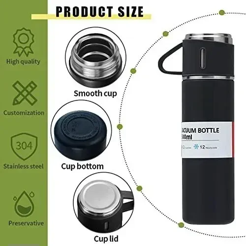 1- Piece Stainless Steel Vacuum Flask Set – 500ml Insulated Water Bottle with 3 Sharing Cups