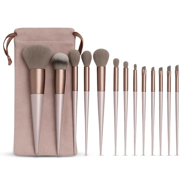 13 Pcs Brown Professional Makeup Brush Set with Pouch – Soft Synthetic Face & Eye Brushes