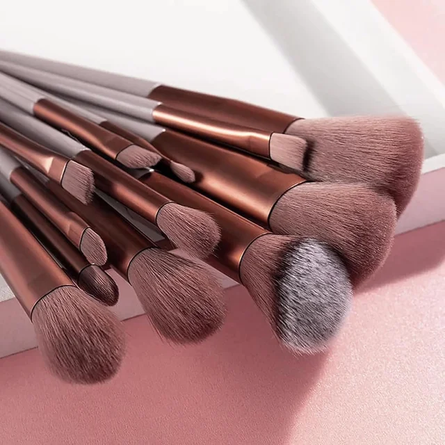13 Pcs Brown Professional Makeup Brush Set with Pouch – Soft Synthetic Face & Eye Brushes