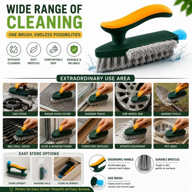 4-in-1 Tile Grout Cleaner Brush with Squeegee (Green) – V-Shape Gap & Crevice Scrub Brush