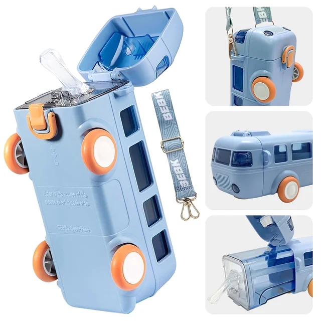 500ml Bus Shaped Water Bottle for Kids – Leak-Proof Sipper with Straw & Adjustable Strap