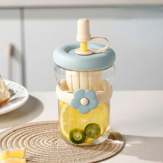 500ml Glass Fruit Infuser Bottle with Straw – Leakproof Flower Design Detox Cup for Juice & Smoothies