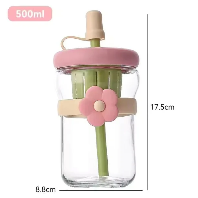 500ml Glass Fruit Infuser Bottle with Straw – Leakproof Flower Design Detox Cup for Juice & Smoothies