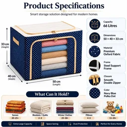 66L Collapsible Fabric Storage Box with Steel Frame – Large Clothes & Blanket Organizer