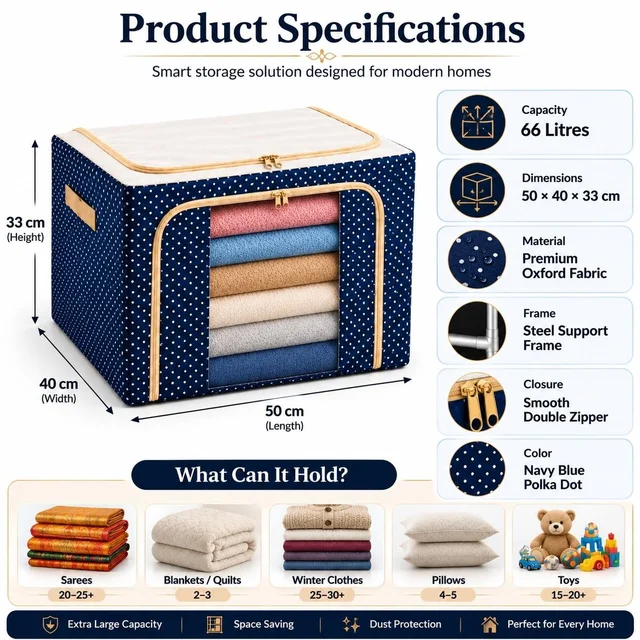 66L Collapsible Fabric Storage Box with Steel Frame – Large Clothes & Blanket Organizer