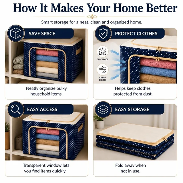 66L Collapsible Fabric Storage Box with Steel Frame – Large Clothes & Blanket Organizer