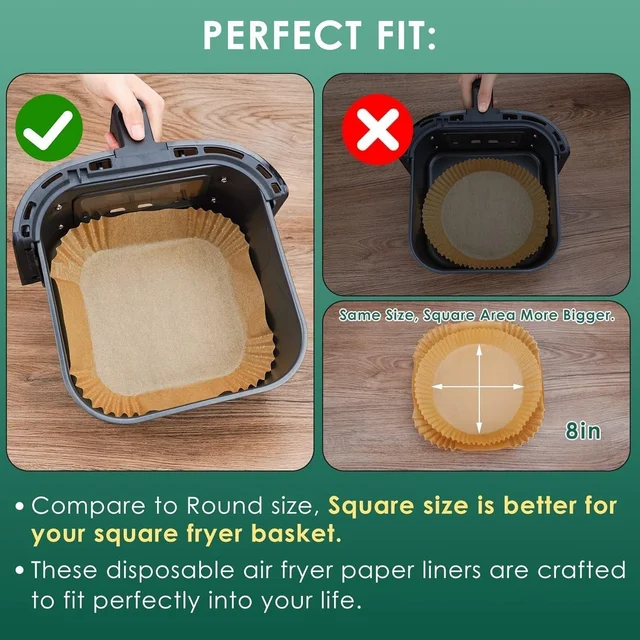 100 PCS Square Air Fryer Paper Liners (8-Inch) | Disposable Oil-Proof Parchment Sheets