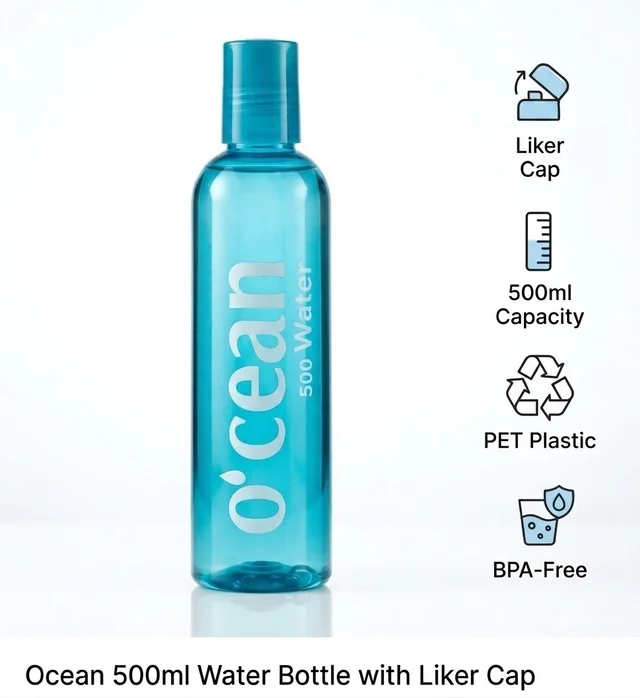 500ml Ocean Series PET Water Bottles with Translucent Liker Cap – 1 PC (Grey, Aqua Blue, Amber, Purple) | BPA-Free Food Grade Slim Hydration Bottles for Travel, Office & Car