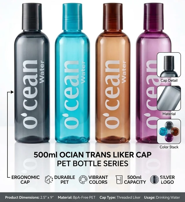500ml Ocean Series PET Water Bottles with Translucent Liker Cap – 1 PC (Grey, Aqua Blue, Amber, Purple) | BPA-Free Food Grade Slim Hydration Bottles for Travel, Office & Car