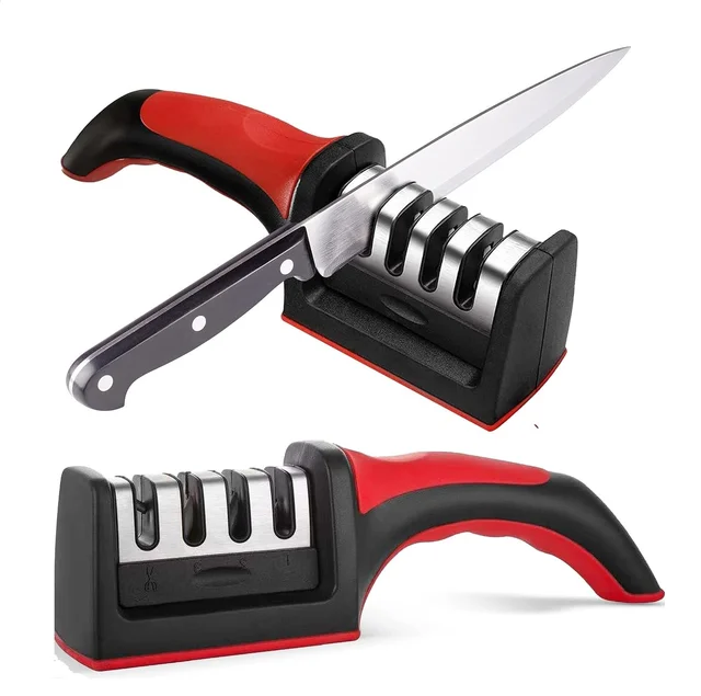 4-in-1 Ergonomic Kitchen Knife Sharpener (Black) – 4-Stage Manual Sharpening Kit for Stainless Steel Knives