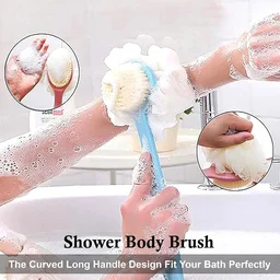 Double-Sided Bath Brush with Long Handle – 2-in-1 Soft Bristle & Loofah Back Scrubber