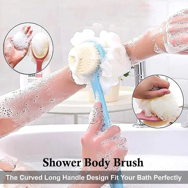 Double-Sided Bath Brush with Long Handle – 2-in-1 Soft Bristle & Loofah Back Scrubber