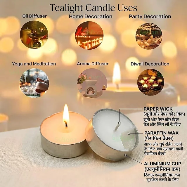 Unscented White Wax Tealight Candles (Pack of 50) – Smokeless, Lead-Free & Stain-Free Tea Light Candles for Diwali, Home Decor, Festivals & Events