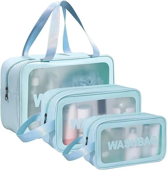 3 Pcs Waterproof Travel Washbag Set – Clear Toiletry & Cosmetic Pouch Organizer