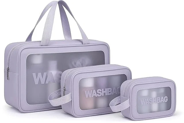 3 Pcs Waterproof Travel Washbag Set – Clear Toiletry & Cosmetic Pouch Organizer