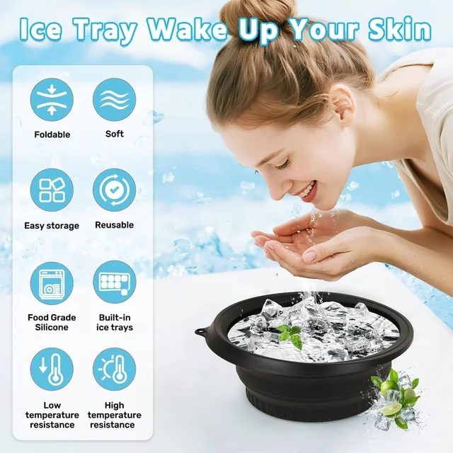Premium Facial Ice Bath Bowl with Built-In Tray | Collapsible Silicone Face Plunge Tool