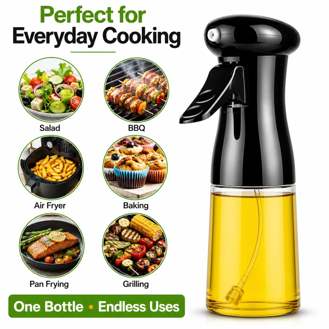 Oil Sprayer & Pourer Bottle for Cooking | Olive Oil Spray Bottle | Leak-Proof, BPA-Free, Refillable Fine Mist Oil Dispenser for Air Fryer, BBQ, Salad & Kitchen (210ml)