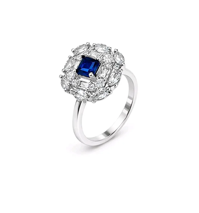 Premium Silver Plated American Diamond Ring – Blue, Ruby,  & Green Colour Options