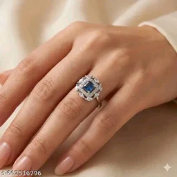 Premium Silver Plated American Diamond Ring – Blue, Ruby, & Green Colour Options - Blue